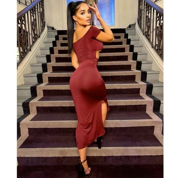 Burgundy Halter Neck Off Shoulder Short Sleeve Slit Cutout Bodycon Midi Dress - Picture 10 of 13
